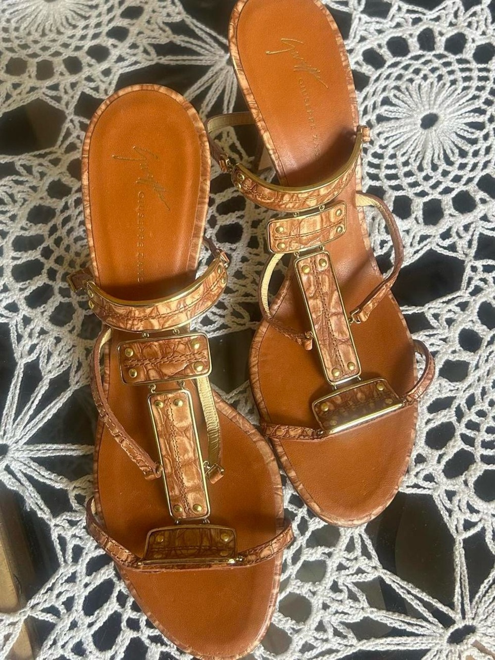 Giuseppe Zanotti Brown Leather T-Strap Sandals with Gold Accents